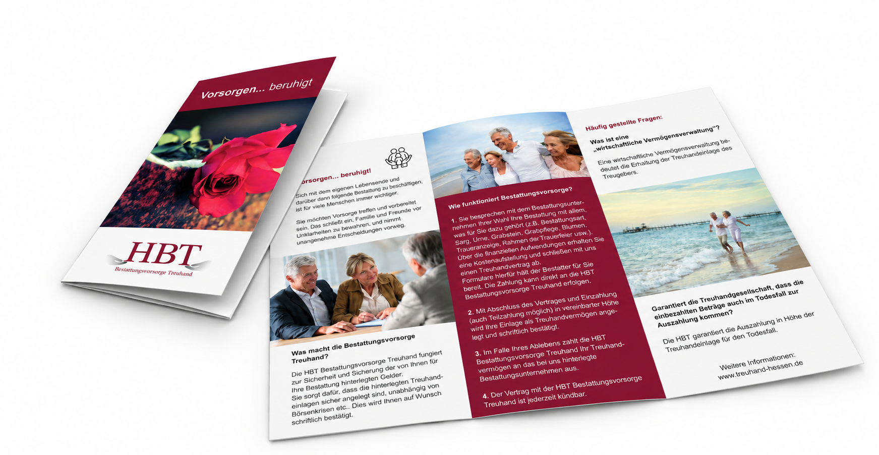 HBT-Flyer zur Bestattungsvorsorge: Vorderseite mit Rosenmotiv und aufgeklappte Innenseiten als Wickelfalz-Mockup.